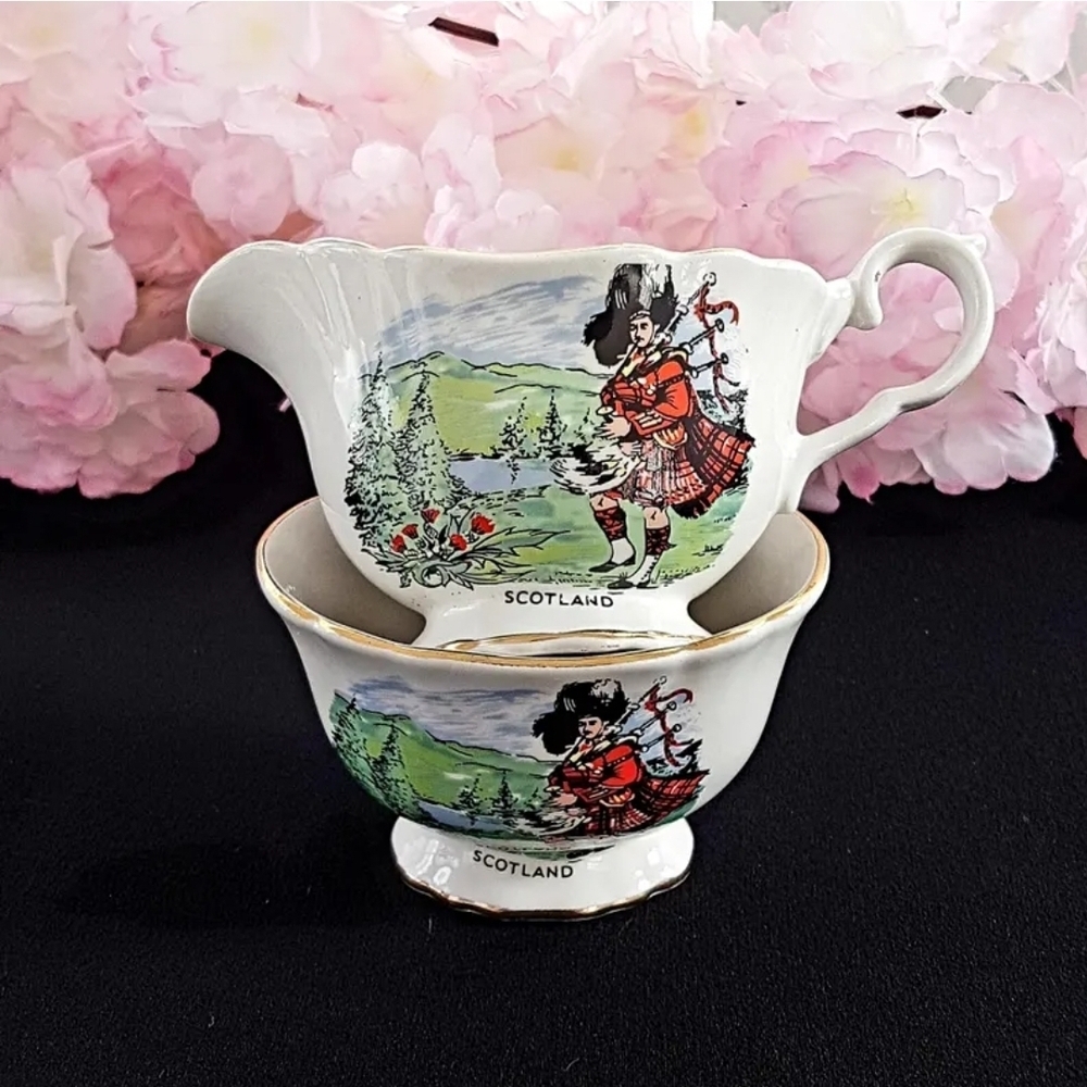James Kent Old Foley Scotland Sugar Bowl and Milk Jug Set Bagpiper Red Tartan